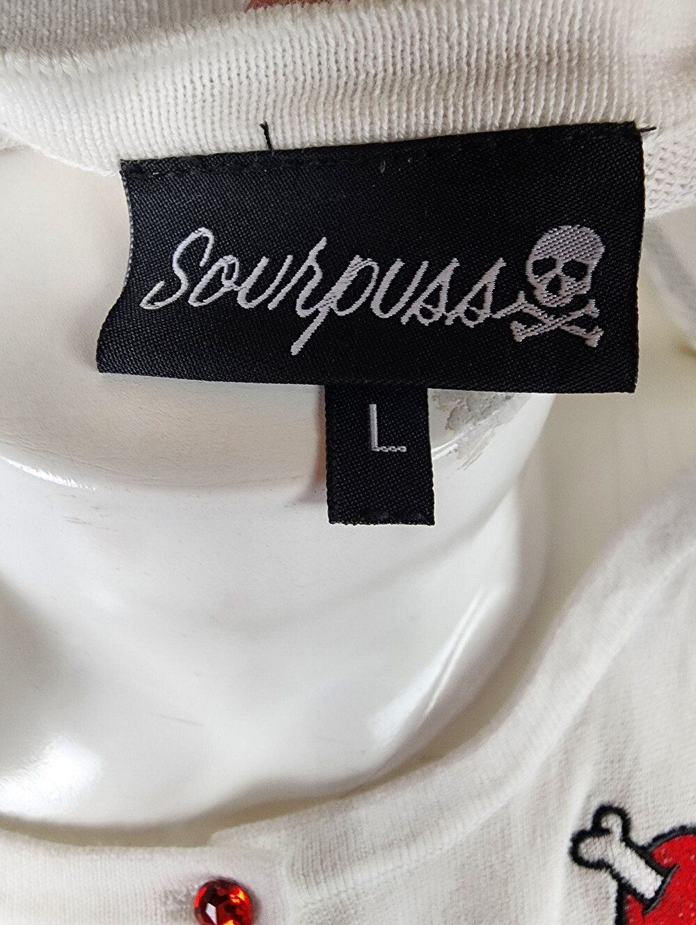 Sourpuss White Cardigan with Red Heart-and-Bones Embroidery - Picture 3 of 15